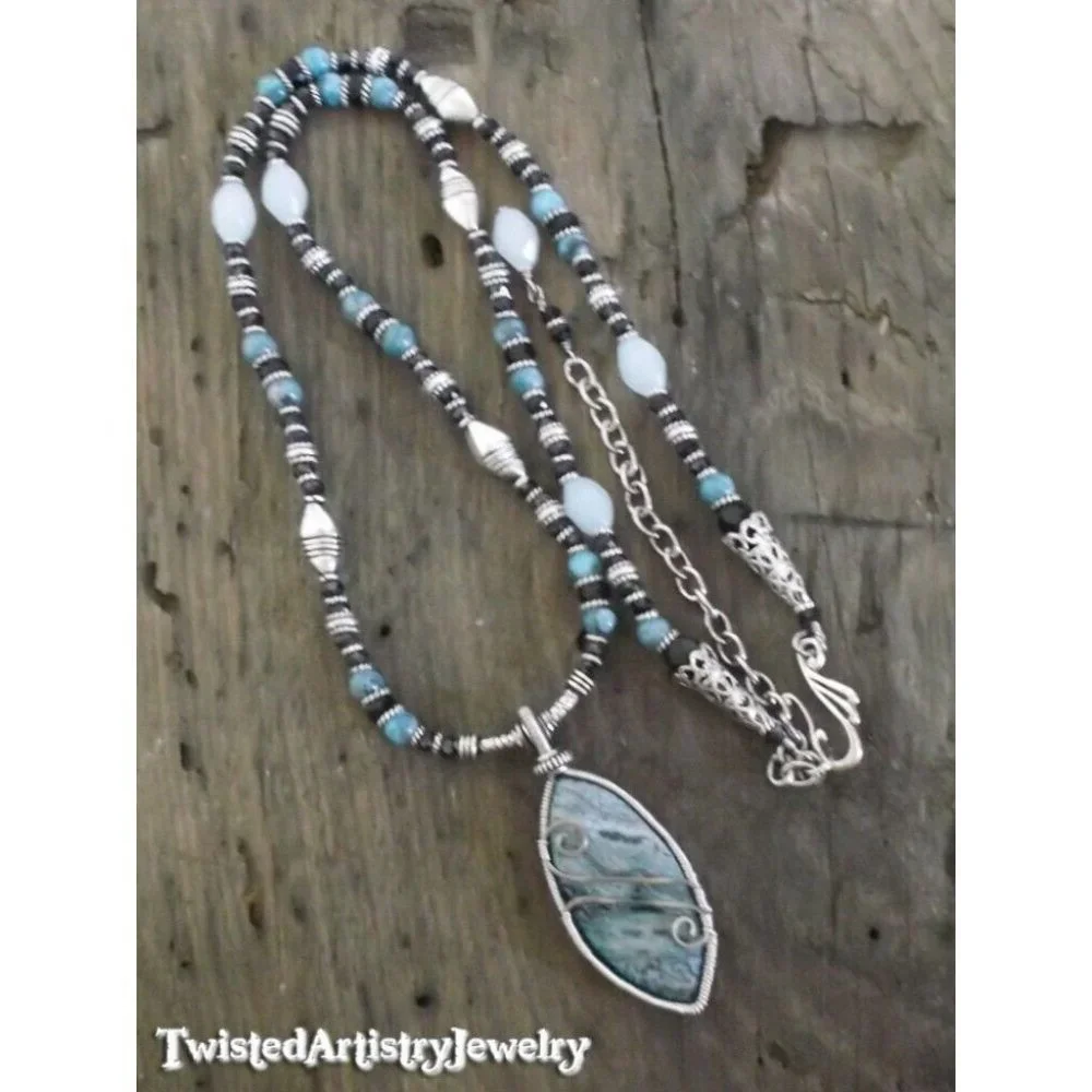 Blue Crazy Lace Agate Wire Wrap Pendant Beaded Necklace One-of-a-Kind Handmade - Picture 4 of 4
